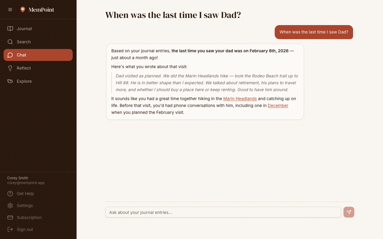 Chat with MemBot asking 'When was the last time I saw Dad?' with AI response quoting journal entries
