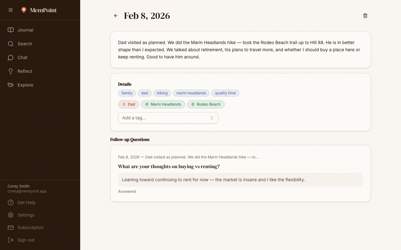 Entry detail showing AI-extracted tags, entities, and follow-up questions