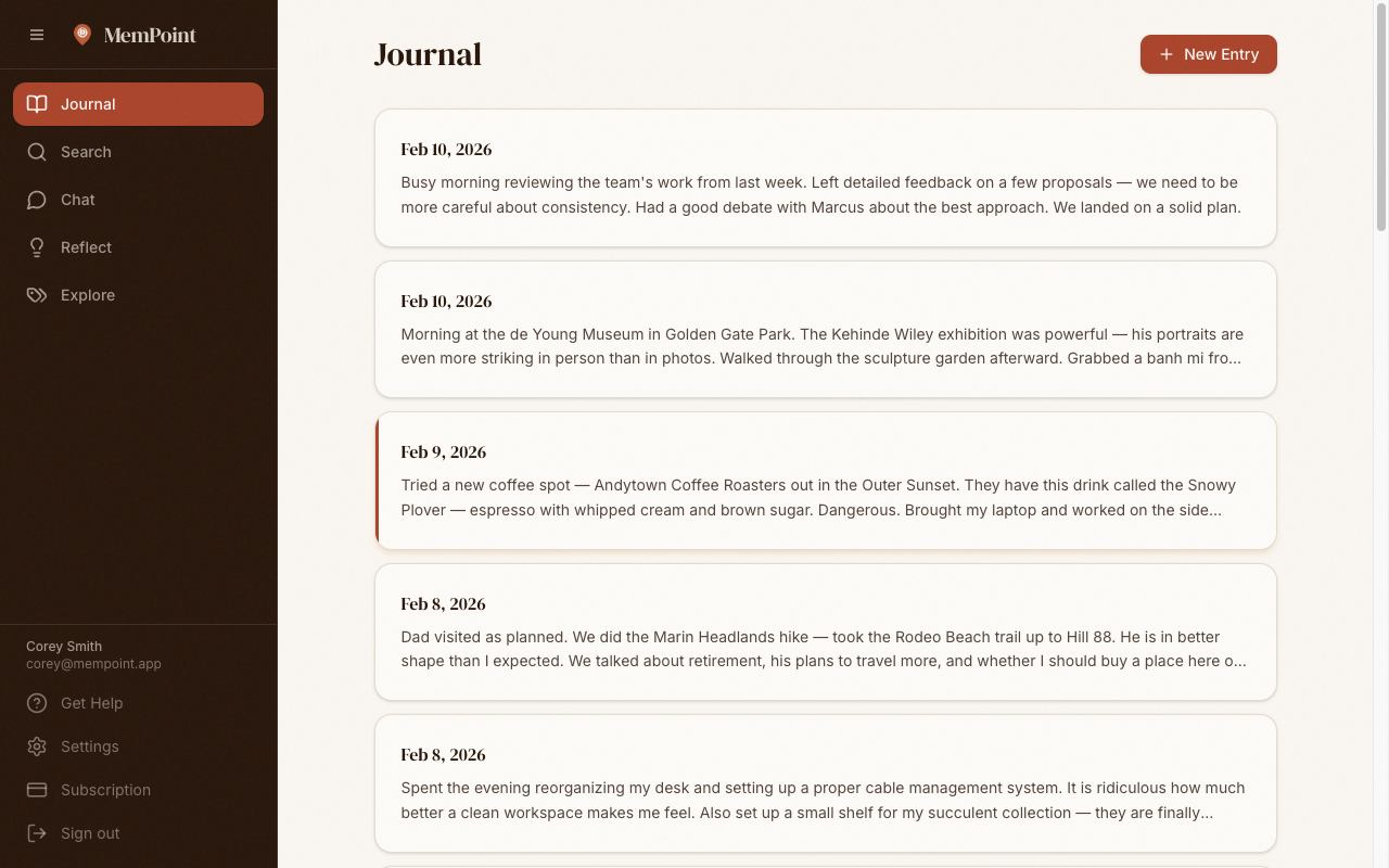MemPoint journal entries list showing daily entries