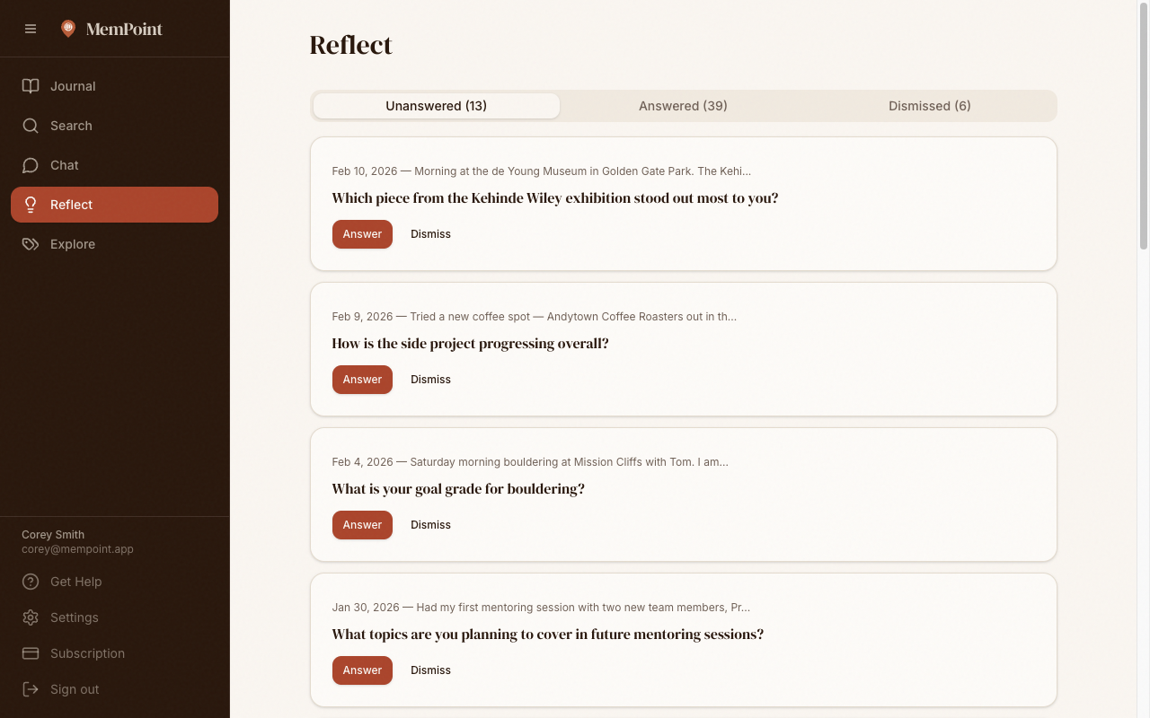 Reflect page showing AI-generated follow-up questions