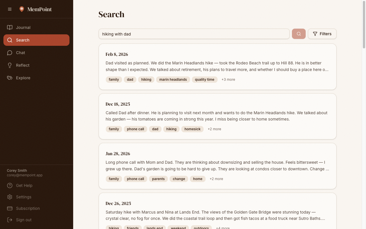 Search results for 'hiking with dad' showing entries with tags and entity badges